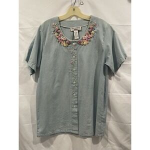 Vintage Clementine Floral Embroidered Blouse Women Size Medium Blue